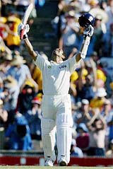 Sachin Tendulkar looks skywards after scoring a double century on the second day of the fourth Test against Australia