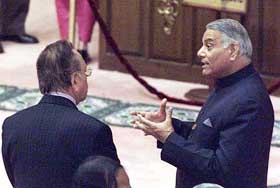 External Affairs Minister Yashwant Sinha with his Pakistani counterpart Khurshid Mohamood Kasuri at the inaugural function of 12th SAARC summit in Islamabad on Sunday.