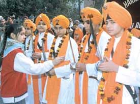 Panj Piaras leading the procession on the occasion of the birth anniversary of Guru Gobind Singh in the Capital on Sunday