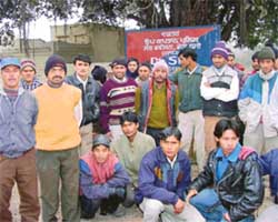 Members of the Nepali Jan Adhikar Suraksha Samiti, Patiala, gather in front of the DSPs office in Mubarikpur on Monday, demanding the arrest of Rakesh Kharbanda, from whom Lura, a 10-year-old Nepalese boy