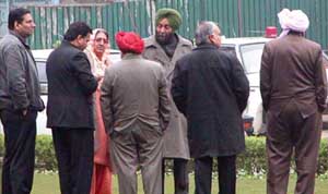 Agriculture Minister Rajinder Kaur Bhattal with her party MLAs at Kapurthala House before their meeting with the AICC panel in New Delhi on Monday. 