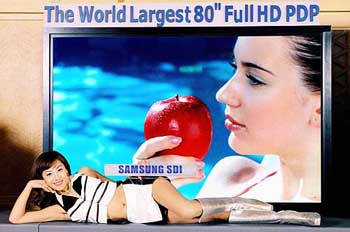 A model poses with the Samsung SDI, worlds largest flat panel screen, in Seoul on Tuesday