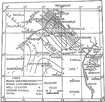 Basement structure map of Punjab-Rajasthan plains, based on seismic data