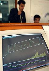 A computer screen shows the rising graph of the stock index at a brokerage firm in Mumbai