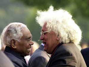 Former President K.R. Narayanan with Lord Meghnad Desai of the UK at the tea party hosted by the President, Dr A.P.J. Abdul Kalam, at Rashtrapati Bhavan in New Delhi on Sunday.