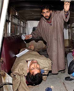An injured civilian being rushed to the SHMS hospital in Srinagar on Monday