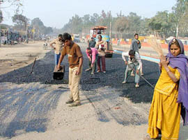 The road leading to the venue of the Congress rally to be held at Bathinda being recarpeted on Wednesday.