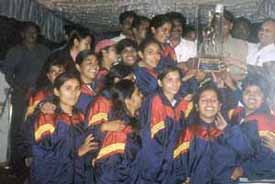 The Delhi womens cricket team, who won the first Senior Super Seven Girls Cricket Tournament held at Chandanpur 