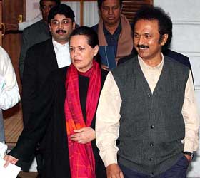 Congress President Sonia Gandhi with Mr M.K. Stalin, son of DMK chief M. Karunanidhi, after their meeting at her residence in New Delhi 