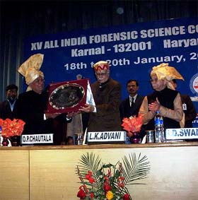 From left, Chief Minister Om Prakash Chautala, Home Minister L.K. Advani and Minister of State for Home I.D. Swami at the All-India Forensic Science Congress