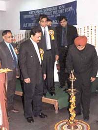 Delhi Minister of Education, Tourism and Art and Culture Arvinder Singh Lovely inaugurating the seminar at BLS Institute of Management.
