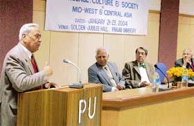 Prof M.M. Sharma, Secretary, Organising Committee, makes a point at the international seminar 