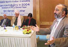 Dr Gulshan Sharma, Director of the Institute of Tourism and Future Management Trends (ITFT), speaks on the launch of a concept paper on Generating 10,000 jobs for unemployed graduates from northern India in Chandigarh on Thursday. 