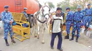Jawans of the Rapid Action Force deployed at the Yamuna Pushta where the MCD had proposed to carry out the demolition drive in the Capital on Thursday