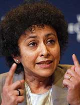 Irene Khan from India, Secretary General of Amnesty International, speaks at a panel session at the Annual Meeting of the World Economic Forum in Davos