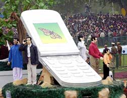 The Telecom tableau crosses the Rajpath during the full-dress rehearsal for the Republic Day parade
