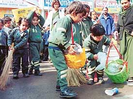 Students of Dikshant International School, Zirakpur, during a cleanliness drive in Sector 7