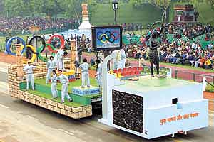 Sports tableau at the rehearsal of the Republic Day parade at Rajpath in the Capital