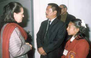 Congress party president Sonia Gandhi with Ramseena, the winner of Geeta Chopra Bravery Award in the Capital