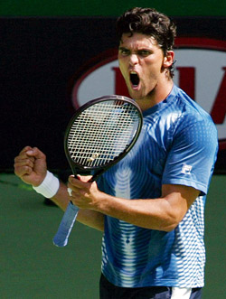 Australias Mark Philippoussis reacts during his third round match against Mario Ancic from Croatia 