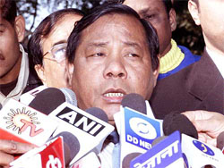 Breakaway NCP leader P.A. Sangma talks to the media after presenting his case for party symbol and flag