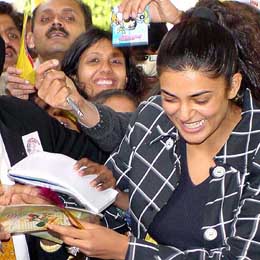Sushmita Sen with autograph hunters at a function held in New Delhi on Saturday. She was in the Capital to launch a book Going to School in India authored by Lisa Heydlauf.