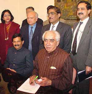 Union Finance Minister Jaswant Singh with Minister of State for Finance Shripad Yesso Naik and the Secretaries give final touches to the Interim General Budget 2003-2004