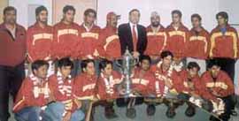 The Delhi Under-19 team, who lifted the Cooch-Behar Cricket Trophy, with Delhi and District Cricket Association president Arun Jaitley.