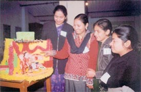 Participants at inter-college teaching aids competition show their models on dowry at the Malwa Central College of Education for Women 