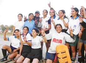 Players of the Khalsa Club, who won the title in the Ludhiana District Women Hockey Tournament, in Ludhiana