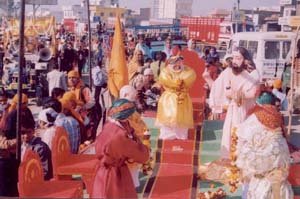 A tableau at a shobha yatra taken out in Ludhiana on the eve of Ravi Dass Jayanti on Thursday.