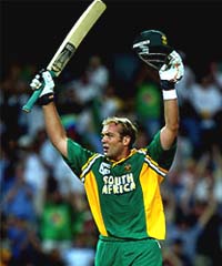 Jacques Kallis celebrates his century during the one-day international against the West Indies 