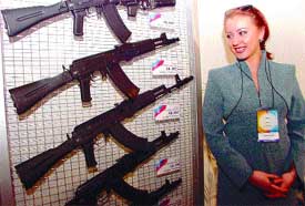 Assorted AK rifles at the Russian pavilion in the Defexpo India 2004