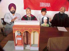 Dr Hardeep Singh, convener of the Shaheed Sukhdev Committee, shows a model of the proposed memorial at the birthplace of Sukhdev