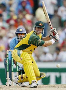 Matthew Hayden looks to play a sweep shot during his knock of 126