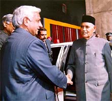 The Haryana Governor, Babu Parmanand, is received by Speaker Satbir Singh Kadian at the Haryana Vidhan Sabha in Chandigarh 