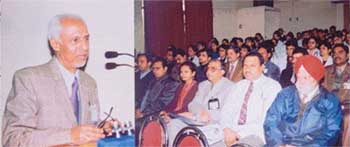 Dr K.L. Dhar, former HoD, Medicine, CMCH, addresses delegates at the CME in Ludhiana on Monday.