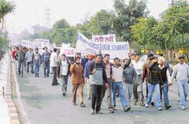 Students of the PAU hold a protest rally in Ludhiana