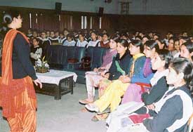 Dr Vaneeta, gynaecologist from the Christian Medical College and Hospital, delivers a lecture at Ramgarhia Girls College