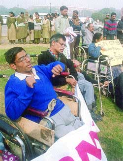Physically challenged protesting against discrimination in recruitment in the civil services at Vijay Chowk