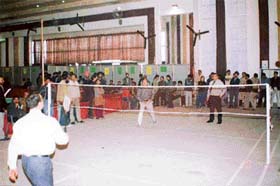 A badminton match in progress during the North Zone Inter-Medical Colleges Indoor Games at the Dumra Auditorium, DMCH, Ludhiana