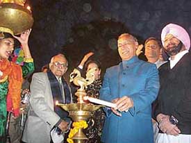 Punjab Governor Justice O.P. Verma lights the inaugural lamp at the Patiala Heritage Festival in the Quila Mubarak on Saturday.