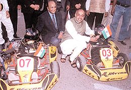 Union Minister of State for Sports Vijay Goel with the participants of JK Tyre National Karting Championship in the Capital on Sunday. 