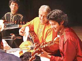 Sarod maestro Ustad Amjad Ali Khan performs with sons Amaan and Ayaan at the Bhaskar Rao Sangeet Sammelan in Chandigarh