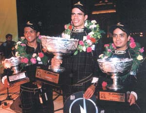 Raymond Bannajee (centre), who won the senior class event of the grand finals of the fourth National Karting Championship, with runner-up Jigar Muni (right) and third-placed Ameya Walavalkar.