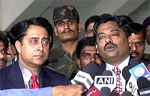 BCCI's media controller Amrit Mathur and joint secretary Ratnakar Shetty, both members of  BCCIs three-member security delegation, talk to mediapersons at IGI international airport