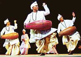 Members of the Uttar Kamalabari Sattra, Majuli, perform at the Tagore Theatre, Chandigarh