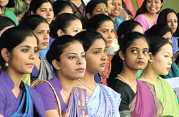 Aspirants for posts of cabin crew in Air India at National Stadium in the Capital on Tuesday.