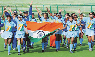 The jubilant Indian womens hockey team taking the victory lap after winning the fifth Asia Cup defeating Japan 1-0 