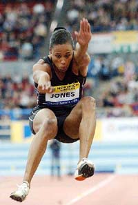 Marion Jones of the USA wins the women's long jump at the Birmingham indoor arena